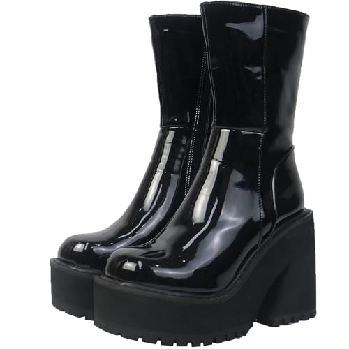 Womens Wedge Heel Ankle Boots Platform Zipper Punk Motorcycle Booties Chunky Block High Heel Round Toe Fashion Work Combat Boots