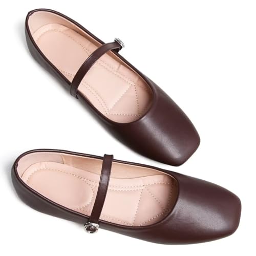 Mary Jane Square Toe Black Ballet Flats for Women Comfortable Ankle Strap Casual Slip On Flats