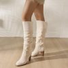 Suede Knee-High Boots Fall Boot For Women Chunky Block High Heel Slouch Fashion Boot Round Toe Side Zipper