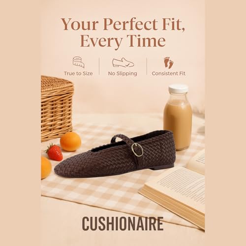 Bistro Mary Jane Flats for Women, Woven Ballet Flats Shoes with Strap and Memory Foam for All-Day Comfort