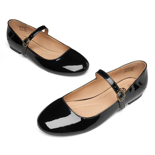 Mary Jane Flats for Women Leather Ballet Flats Shoes Round Toe Comfy Dressy Casual Work Flats with Ankle Strap