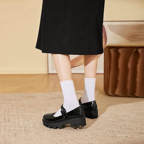 Womens Chunky Mary Jane Platform Shoes Patent Leather Uniform Dress Shoes