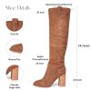 Suede Knee-High Boots Fall Boot For Women Chunky Block High Heel Slouch Fashion Boot Round Toe Side Zipper