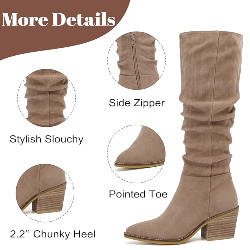 Women's Knee High Boots, Wide Calf Chunky Block Low Heel and Slouchy Pointed Toe Winter Long Boots for Women.