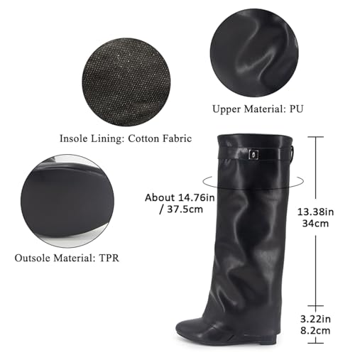 Fold Over Boots Women's Knee high Shark Boots Pointed Toe Wedge Heel Flat Shoes For Fall Winter Dress Boots