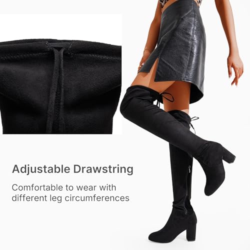 Women's Over The Knee High Boots Suede Thigh High Boot 3 Inch Chunky Heels Zipper Adjustable Opening Shoes