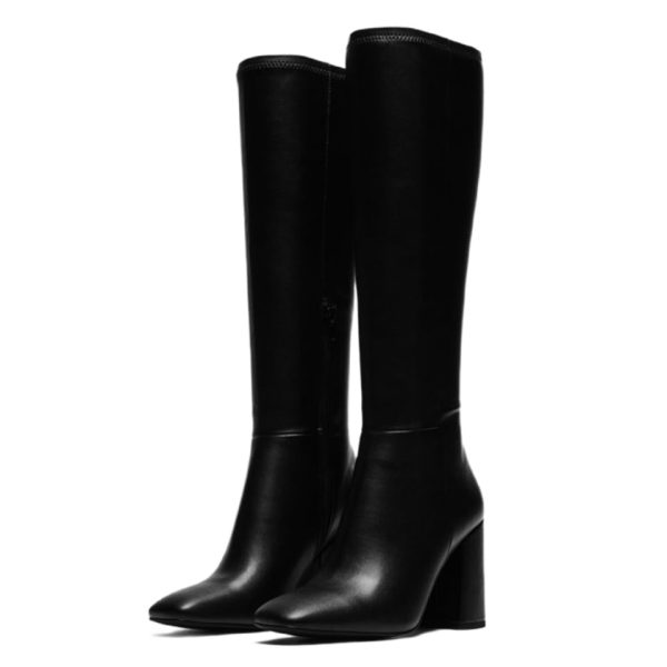 Women's Knee High Boots Faux Leather Square To Tall Boots Fashion Chunky Block Heel Long Boots with Side Zip