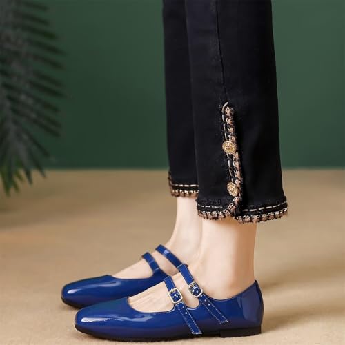 Mary Jane Flats for Women Dressy Retro Square Toe Ankle Strap Ballet Flats Comfortable Patent Leather Shoes