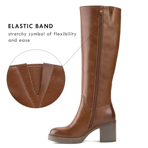 Platform Knee High Boots for Women Block Chunky Heel Round Toe Side Zipper Tall Boots