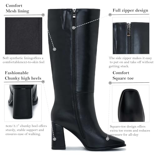 Wide Calf Knee High Boots for Women – Tall Fashion Boots with Side Zipper, Square Toe, Chunky Heel, Faux Leather Long Boots
