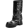 Women's Knee High Riding Boots Chunky Platform Low Heel Round Toe Moto Boots Slouchy Fold Over Wide Calf Motorcycle Biker Boots