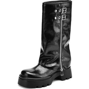Women's Knee High Riding Boots Chunky Platform Low Heel Round Toe Moto Boots Slouchy Fold Over Wide Calf Motorcycle Biker Boots