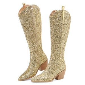 Sparkly Cowgirl Boots for Women Side Zipper Tall Wide Calf Western Knee High Cowboy Boots Chunky Heels Glitter Sequin Party