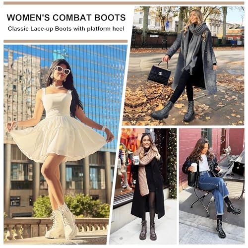 Women's Combat Boots, Platform Ankle Booties Lace up Chunky Heel with Inner Zipper
