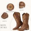Cowboy Boots for Women - Mid Calf Western Sunflower Cowgirl Boots with Floral Embroidery, Square Toe Stitched Pull On Retro