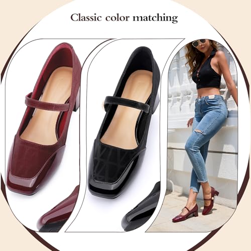 Women's Mary Jane Heels - Chunky Block Heel Pumps with Square Toe & Buckle Straps, Comfortable Dress Shoes for Wedding, Office,