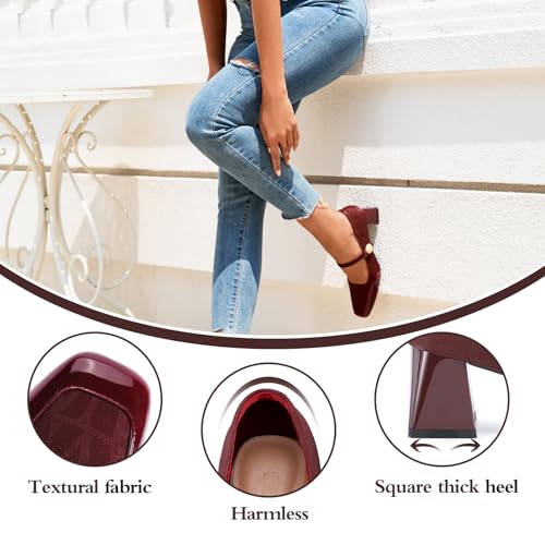 Women's Mary Jane Heels - Chunky Block Heel Pumps with Square Toe & Buckle Straps, Comfortable Dress Shoes for Wedding, Office,