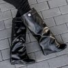 Fold Over Boots Women's Knee high Shark Boots Pointed Toe Wedge Heel Flat Shoes For Fall Winter Dress Boots