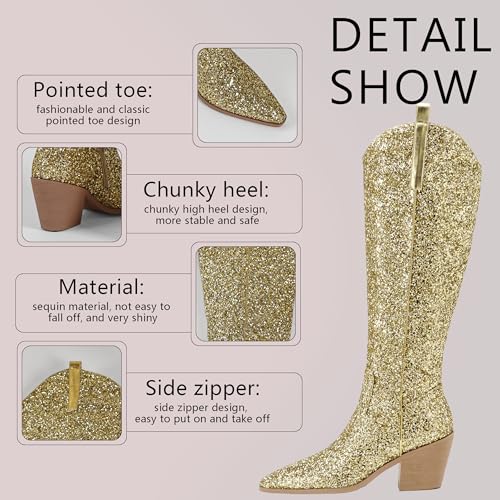 Sparkly Cowgirl Boots for Women Side Zipper Tall Wide Calf Western Knee High Cowboy Boots Chunky Heels Glitter Sequin Party