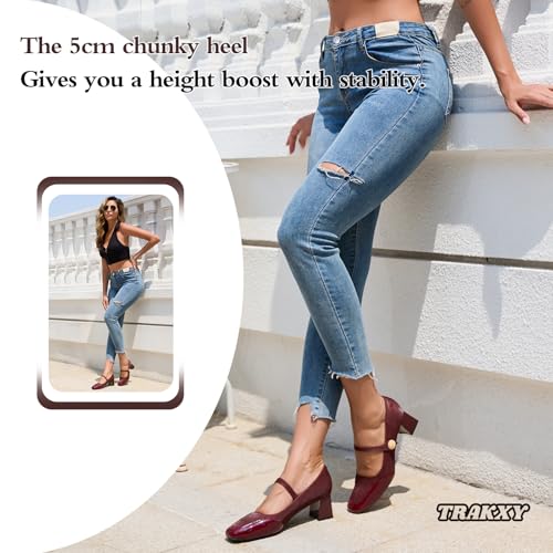 Women's Mary Jane Heels - Chunky Block Heel Pumps with Square Toe & Buckle Straps, Comfortable Dress Shoes for Wedding, Office,