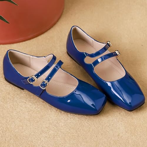 Mary Jane Flats for Women Dressy Retro Square Toe Ankle Strap Ballet Flats Comfortable Patent Leather Shoes
