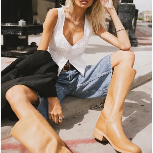 Women's Banana Knee High Boots Square Toe Chunky Block Heel Tall Boots Wide Calf Fashion Comfortable Casual Pull on Long Boots
