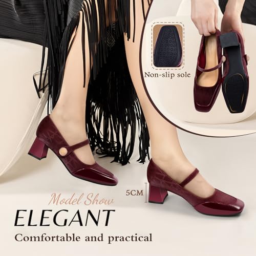 Women's Mary Jane Heels - Chunky Block Heel Pumps with Square Toe & Buckle Straps, Comfortable Dress Shoes for Wedding, Office,