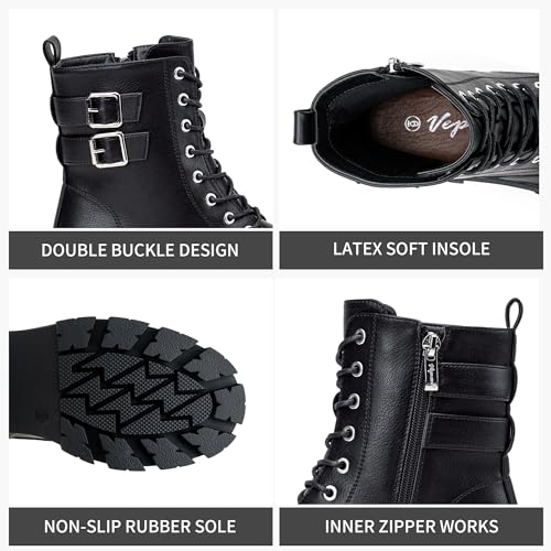 Women's Combat Boots, Platform Ankle Booties Lace up Chunky Heel with Inner Zipper
